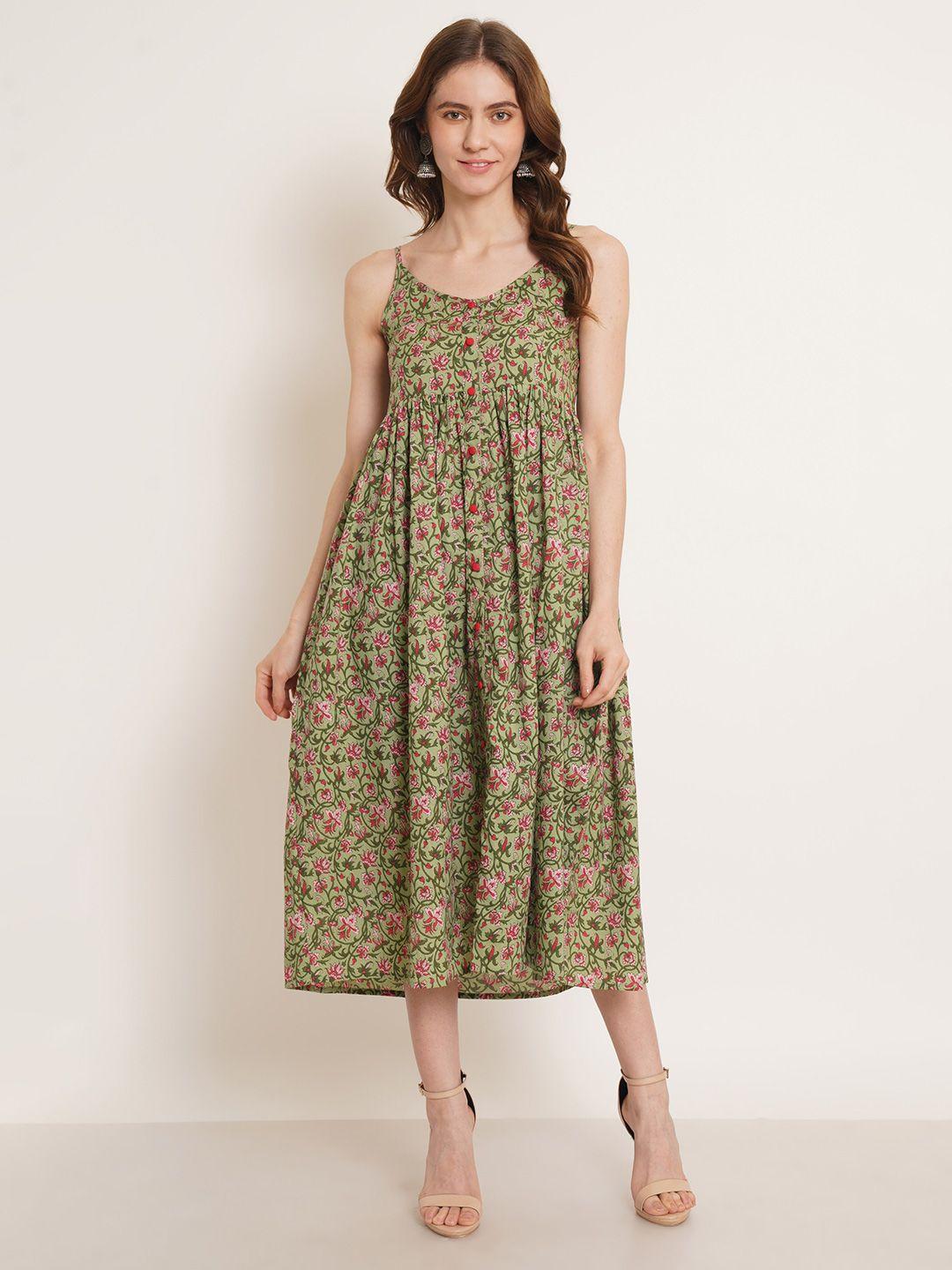 cotland fashion floral printed shoulder straps cotton a-line midi dress