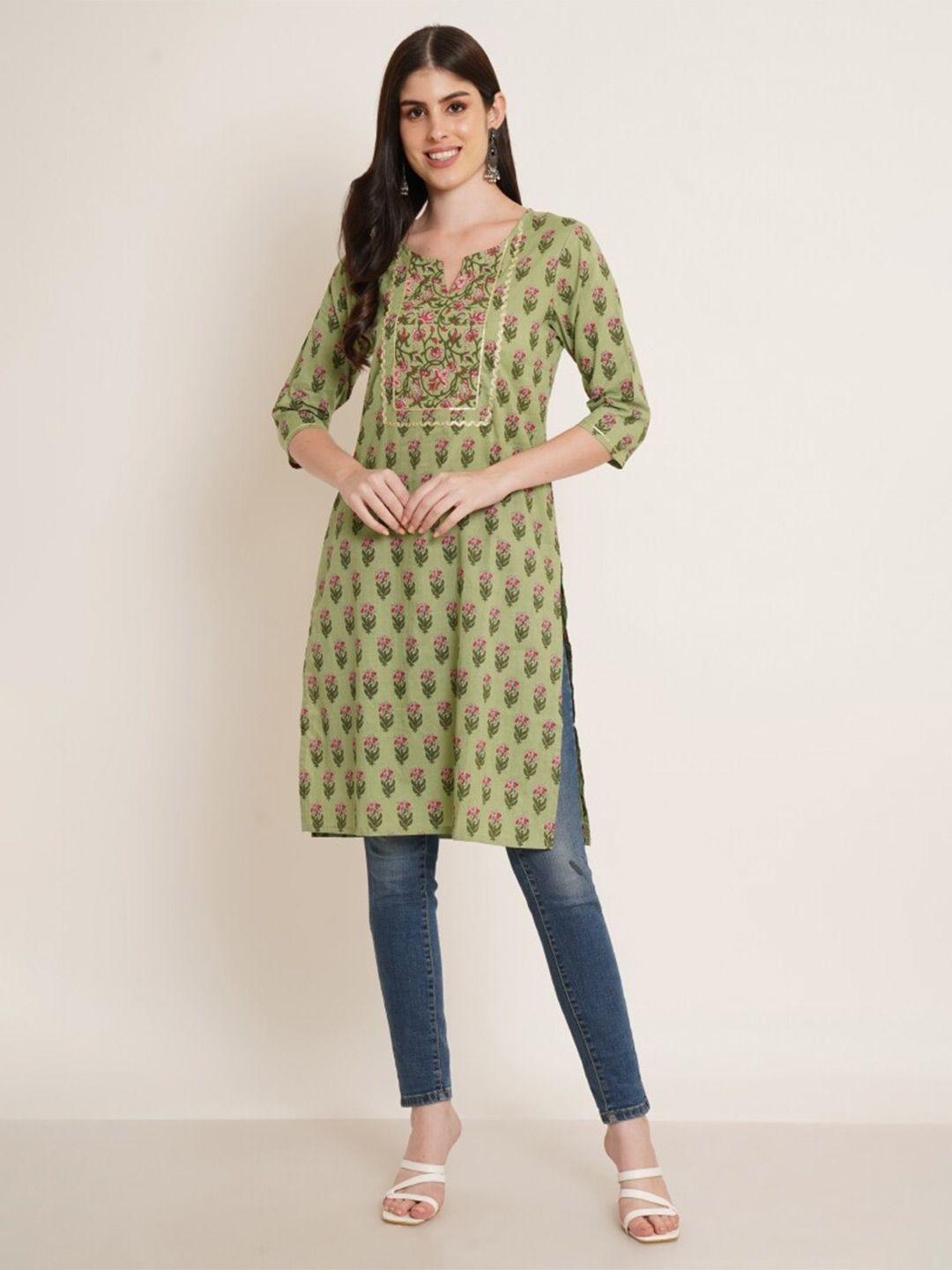 cotland fashion floral printed thread work cotton straight kurta