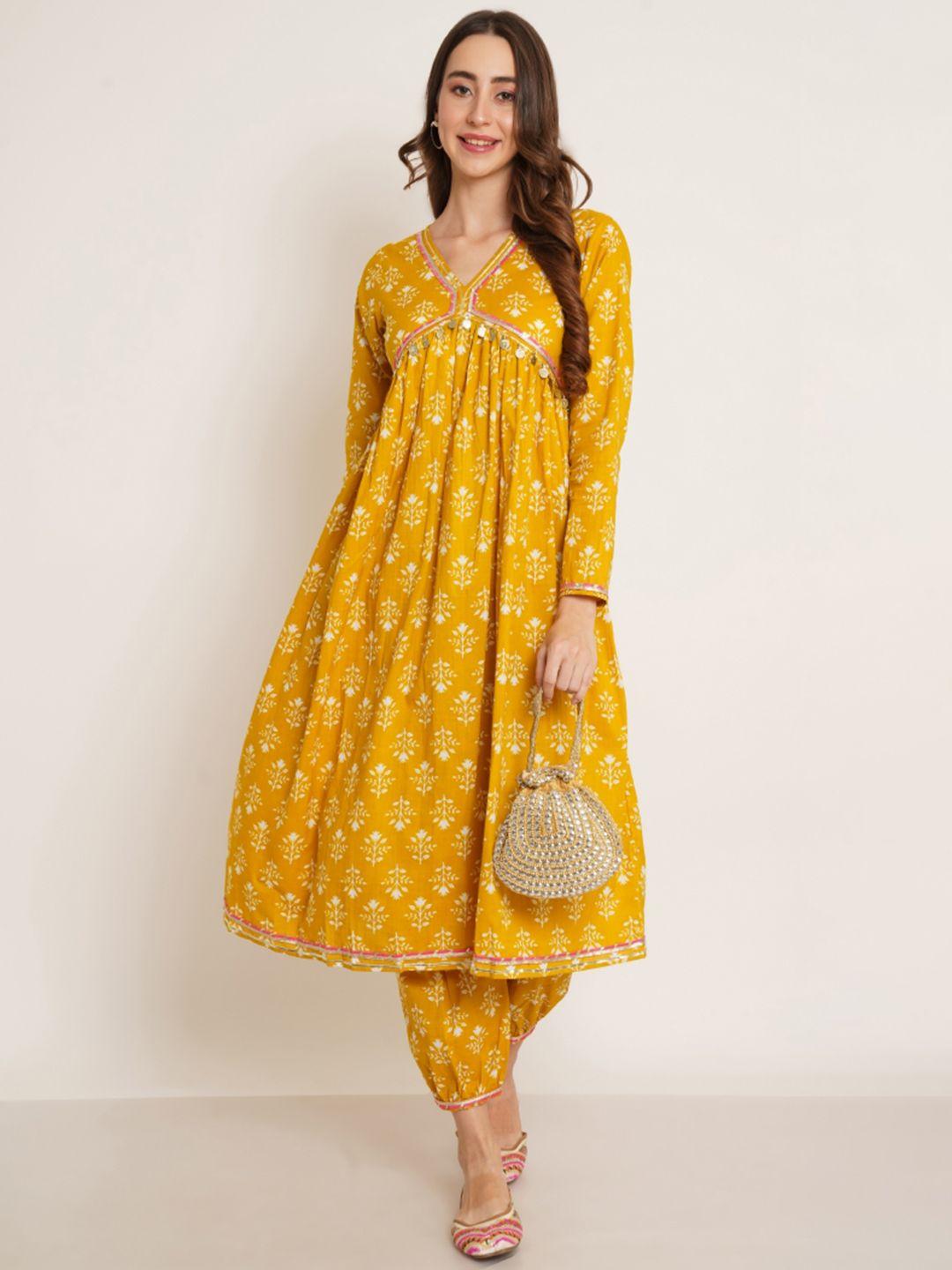 cotland fashion women yellow floral printed empire gotta patti pure cotton kurta with salwar