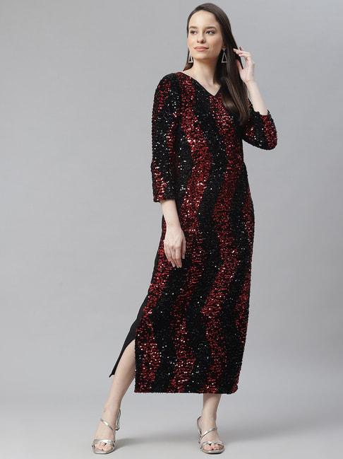 cottinfab black & red embellished print net dress