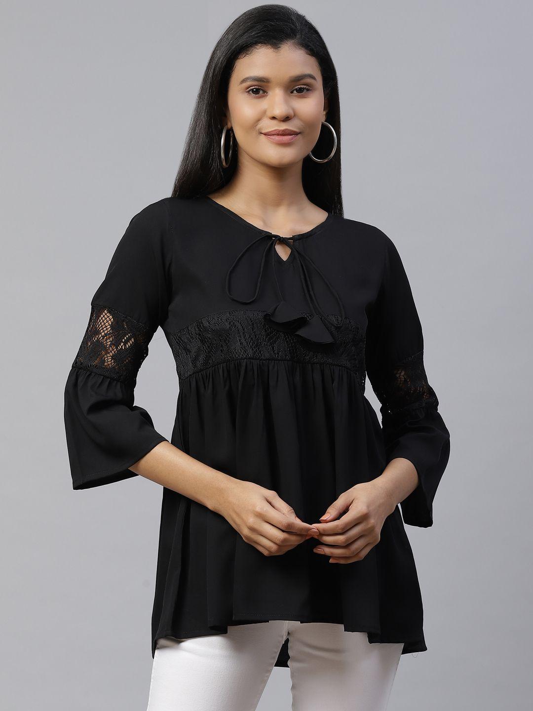 cottinfab black solid tie-up neck bell sleeves a-line top