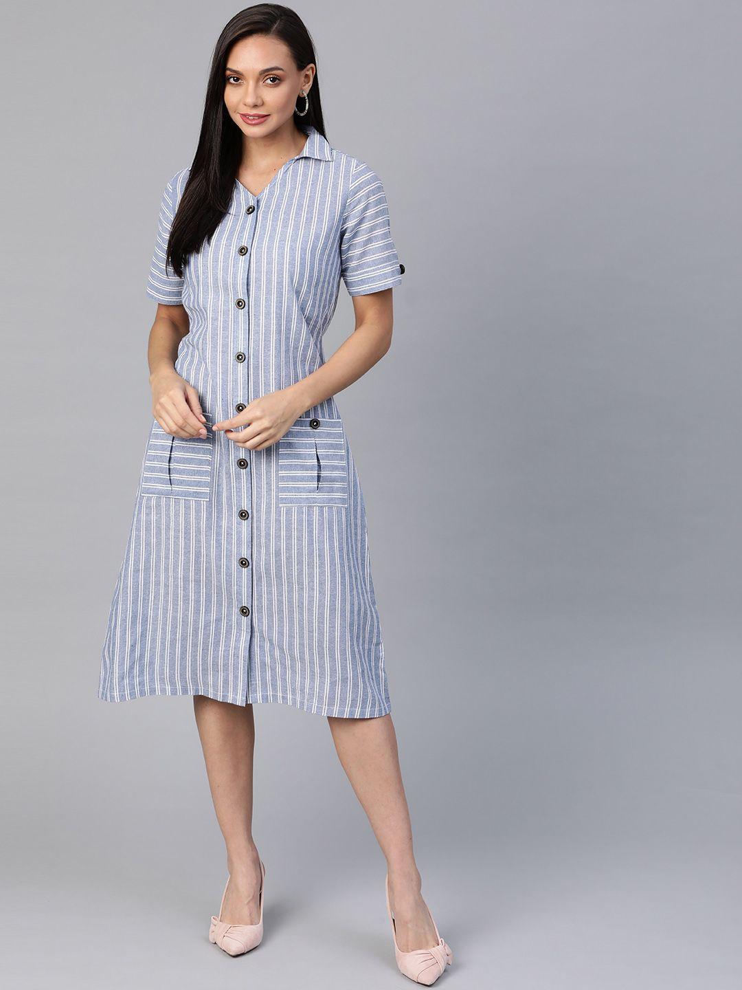cottinfab blue & white striped pure cotton shirt dress