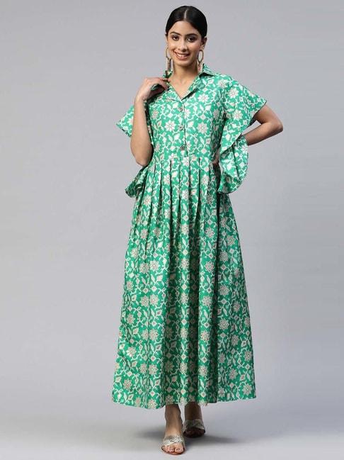 cottinfab green floral print maxi cotton silk dress