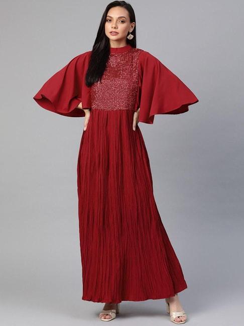 cottinfab maroon self design polyester dress