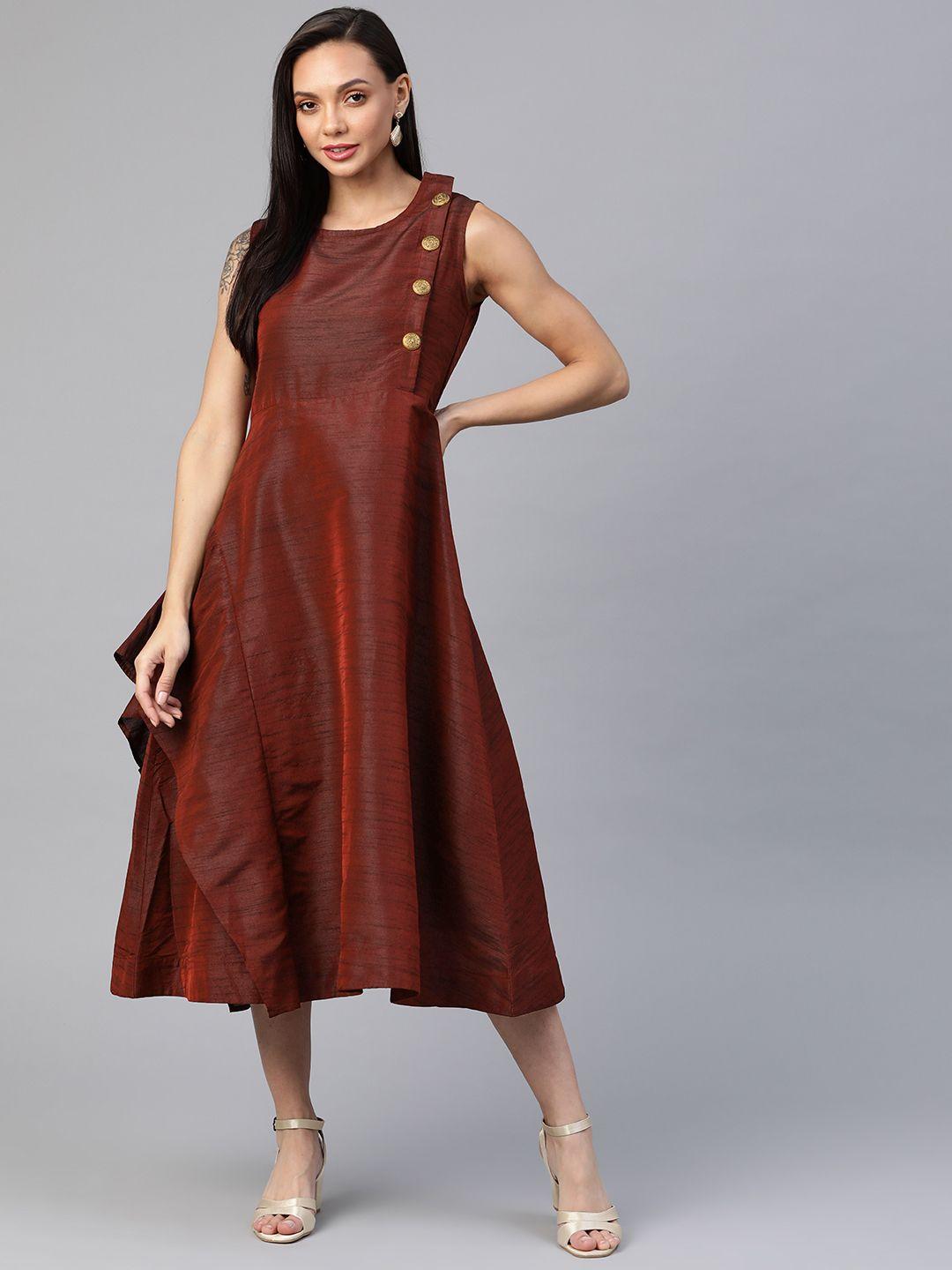 cottinfab maroon solid layered a-line midi dress