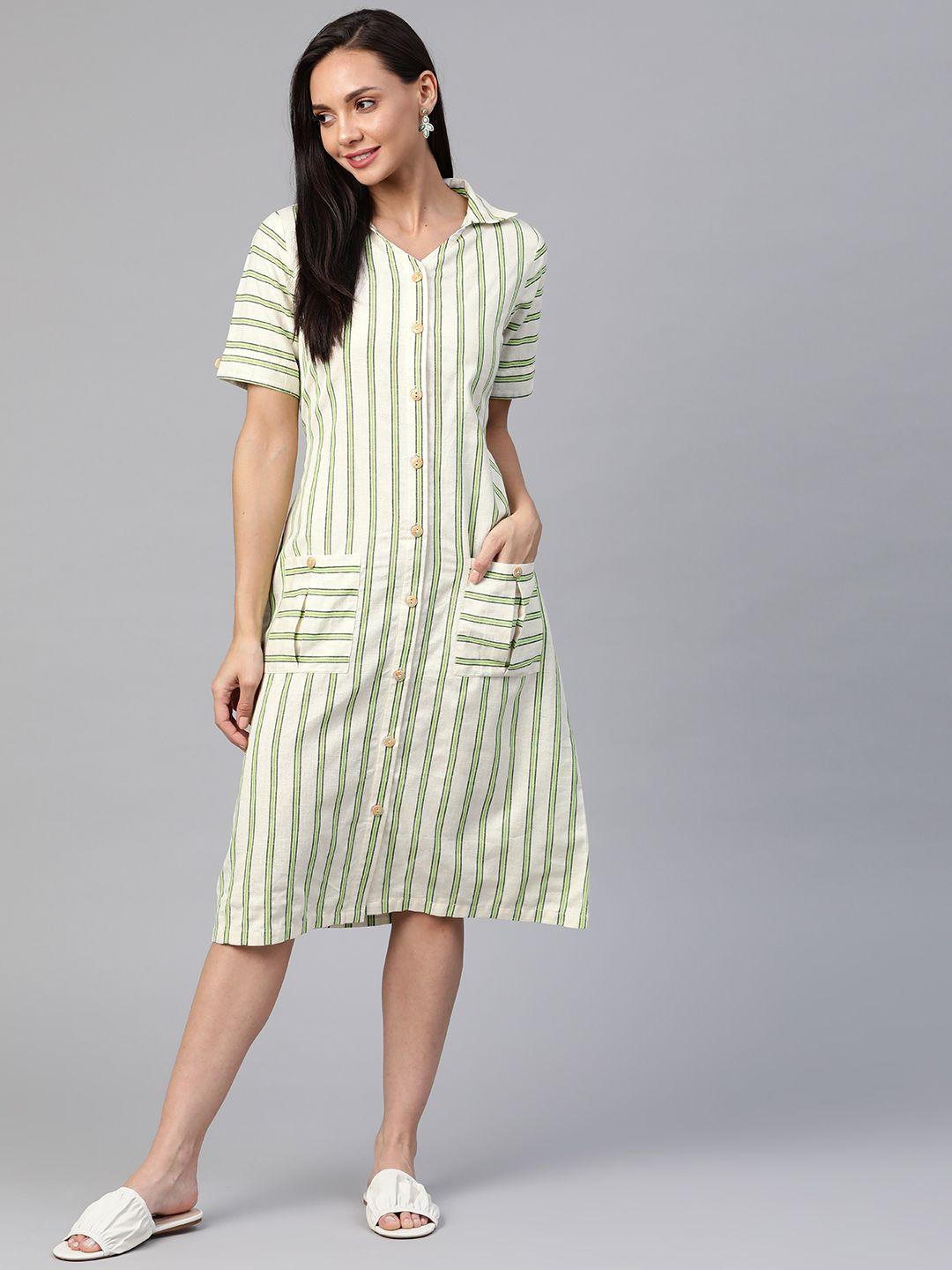 cottinfab off white & green striped shirt knee-length dress