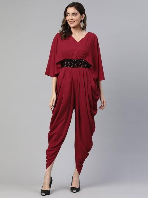 cottinfab polyester maroon embellished jumpsuit