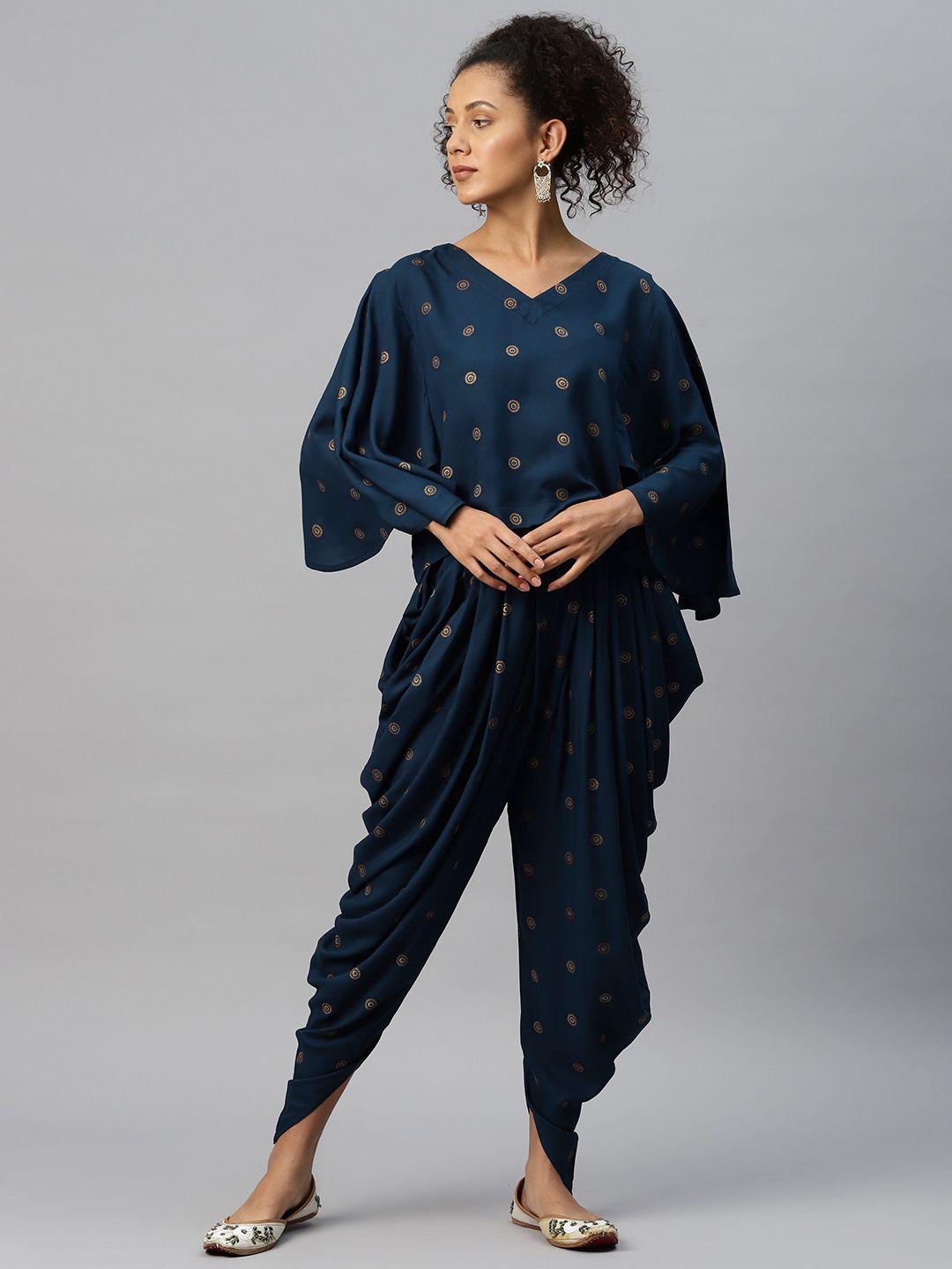 cottinfab printed v-neck top with dhoti pant