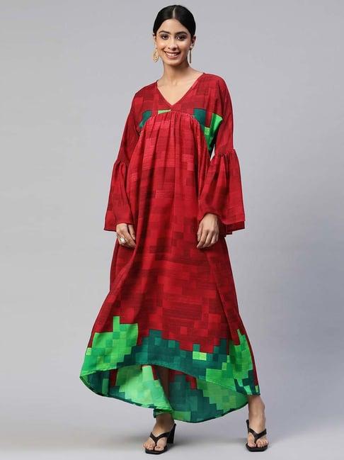 cottinfab red printed maxi crepe dress