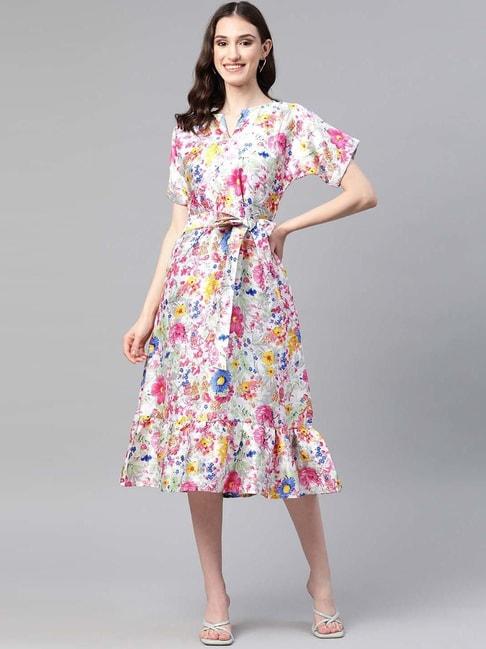 cottinfab-white-&-pink-floral-print-a-line-silk-blend-dress