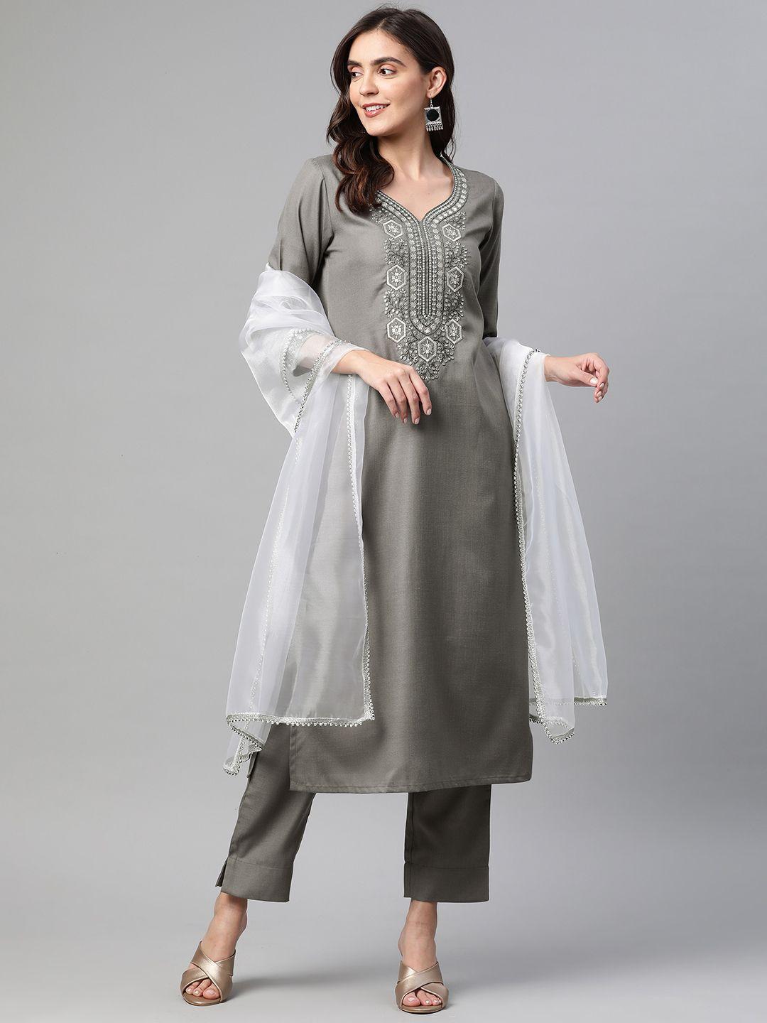 cottinfab women grey ethnic motifs yoke design ebroidered kurta with trousers & dupatta