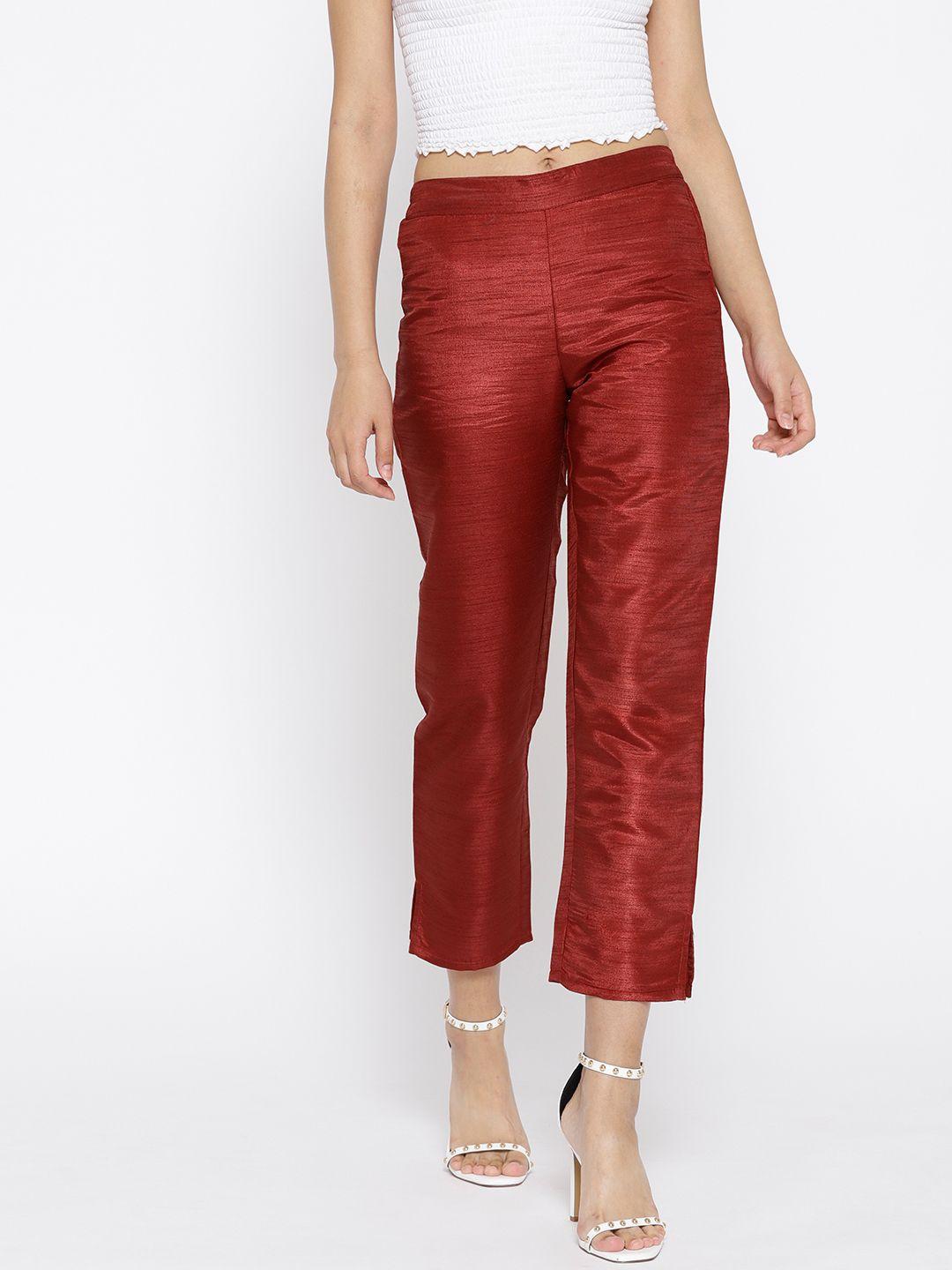 cottinfab women maroon regular fit solid cropped trousers