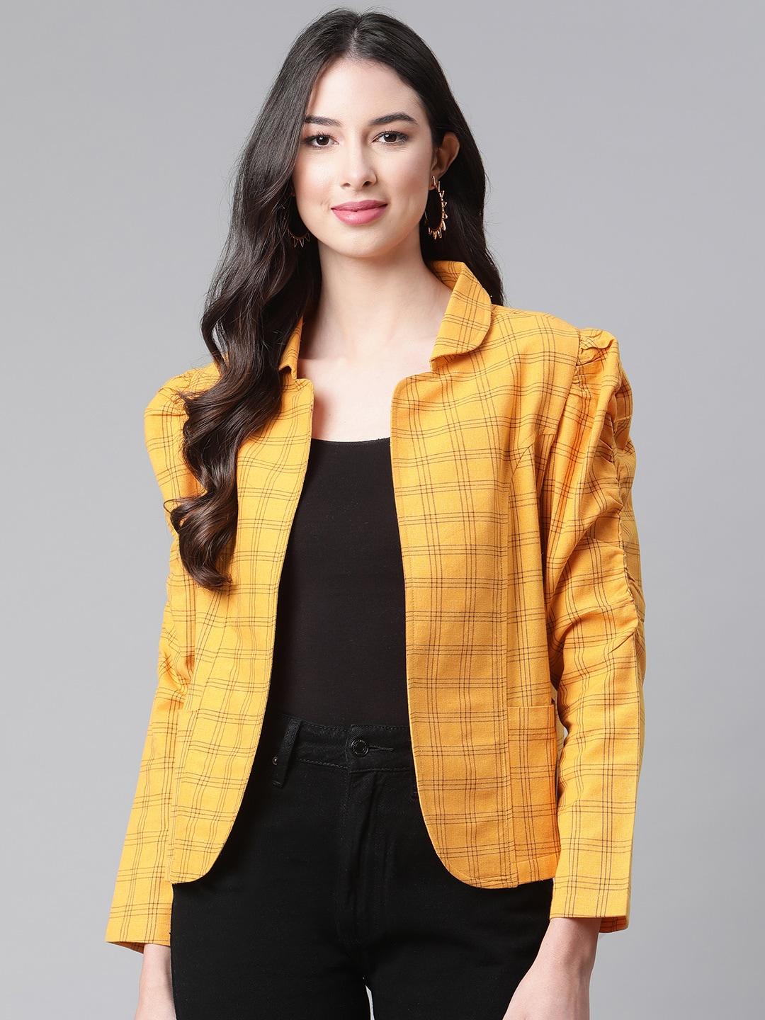 cottinfab women mustard black checked tailored jacket