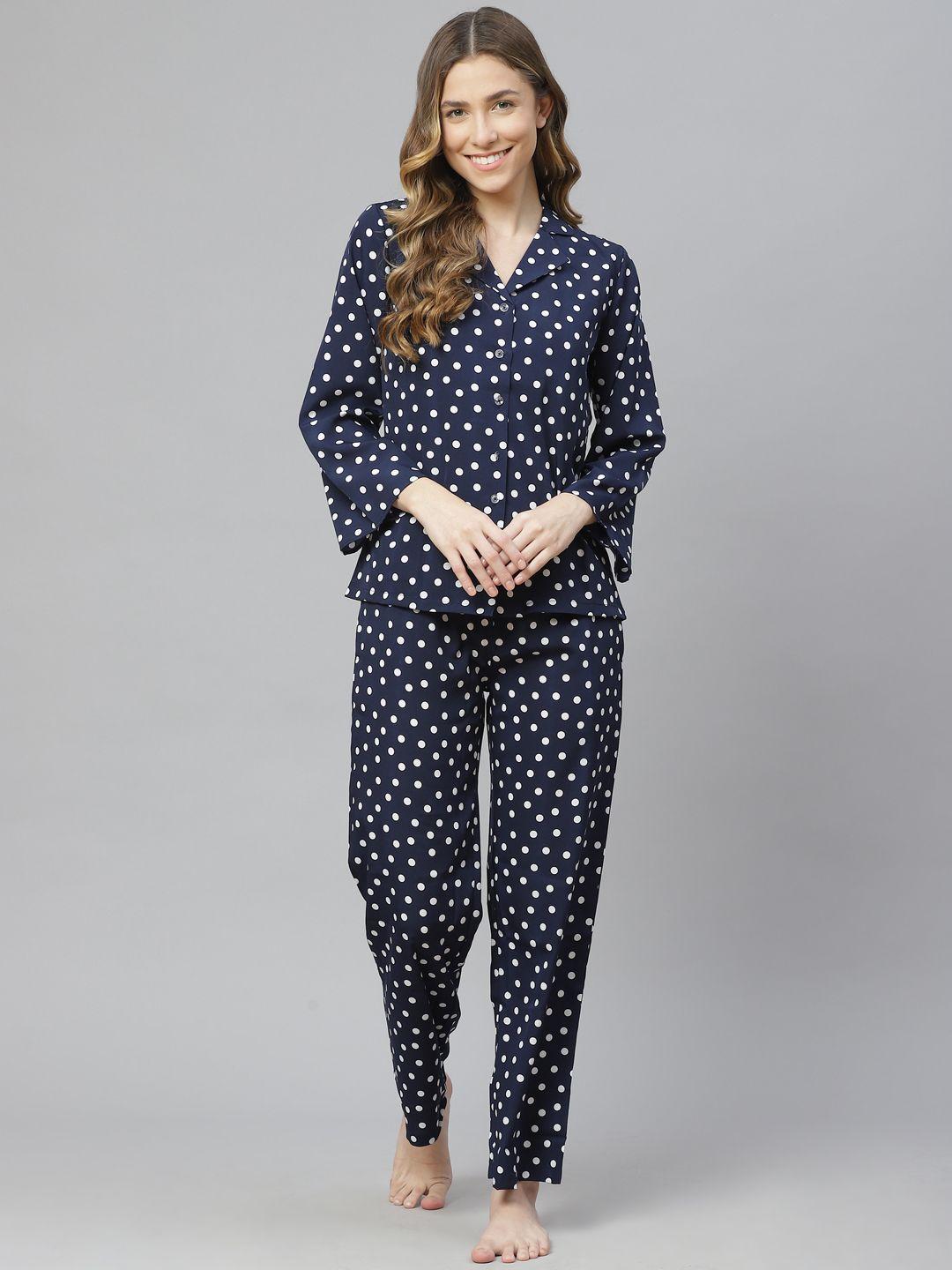 cottinfab women navy blue & white polka dots printed night suit