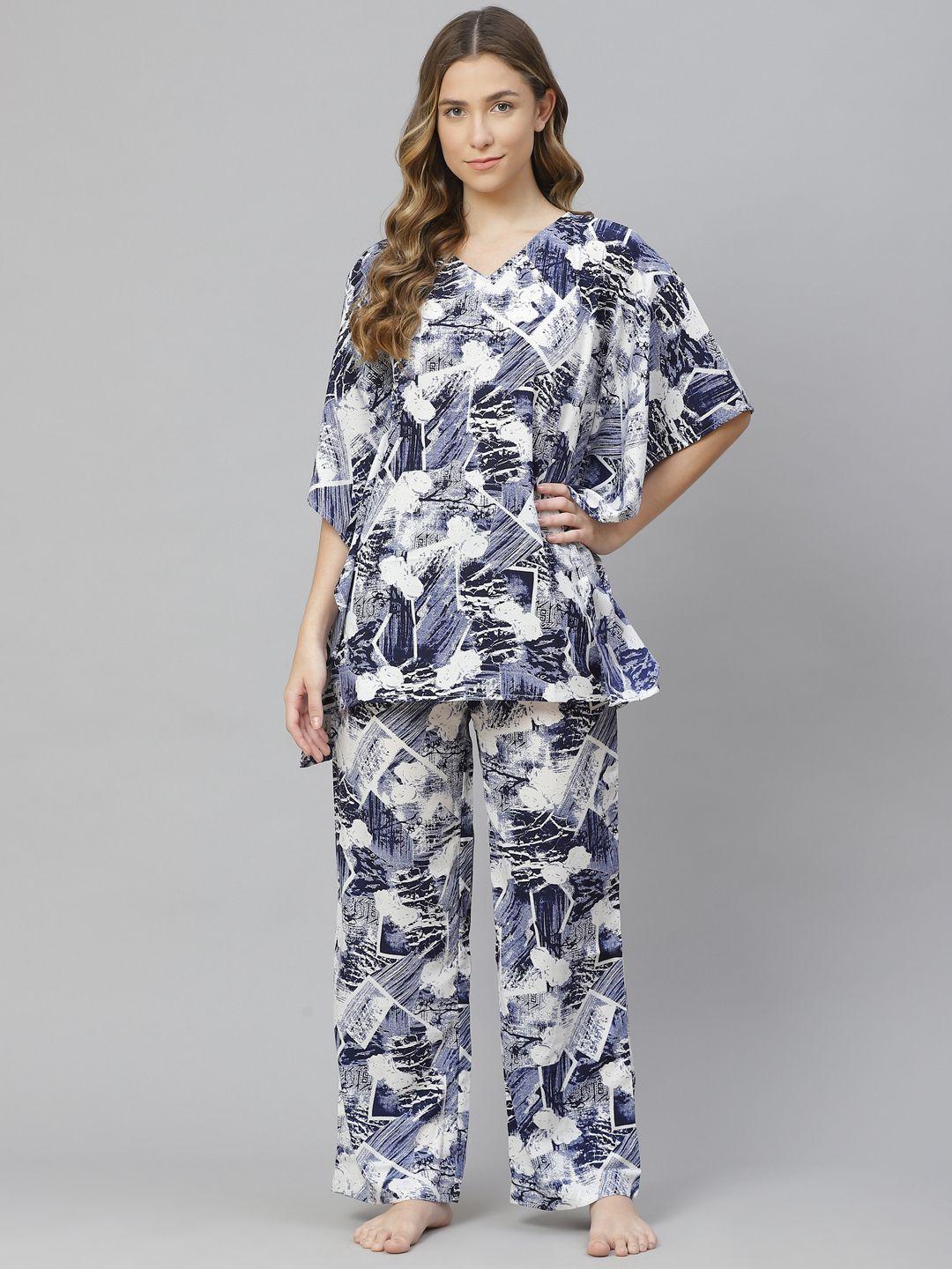 cottinfab women navy blue & white printed night suit