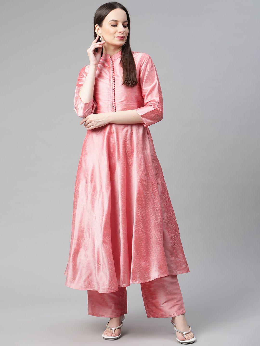 cottinfab women pink regular dupion silk kurta with trousers