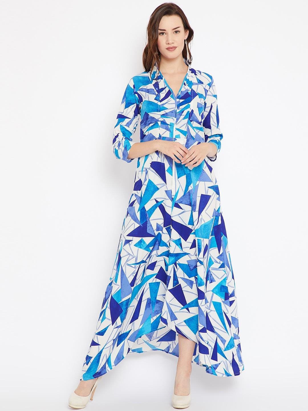 cottinfab women white & blue printed maxi dress