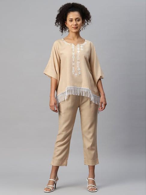 cottinfab beige cotton embroidered tunic pants set