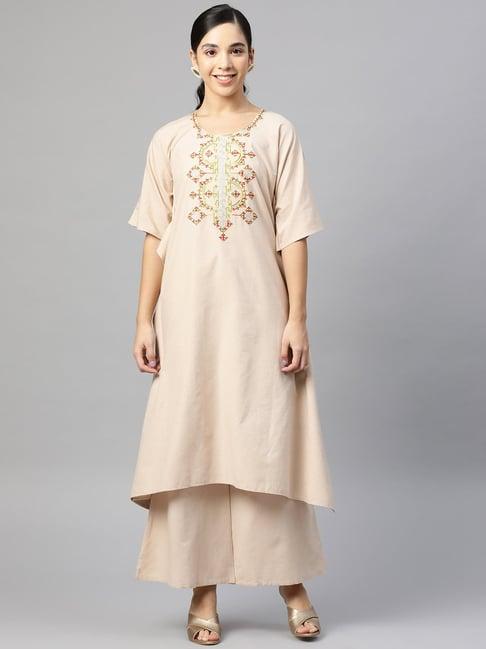 cottinfab beige embroidered cotton kurta & palazzo set