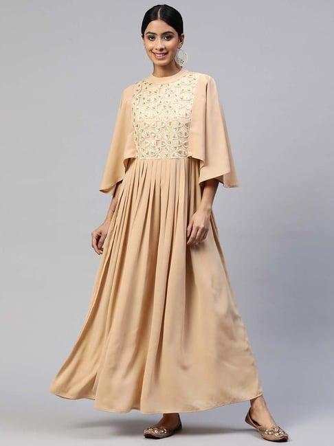 cottinfab beige embroidered maxi polyester dress