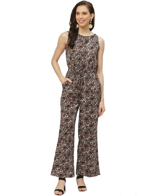 cottinfab beige printed crepe jumpsuit