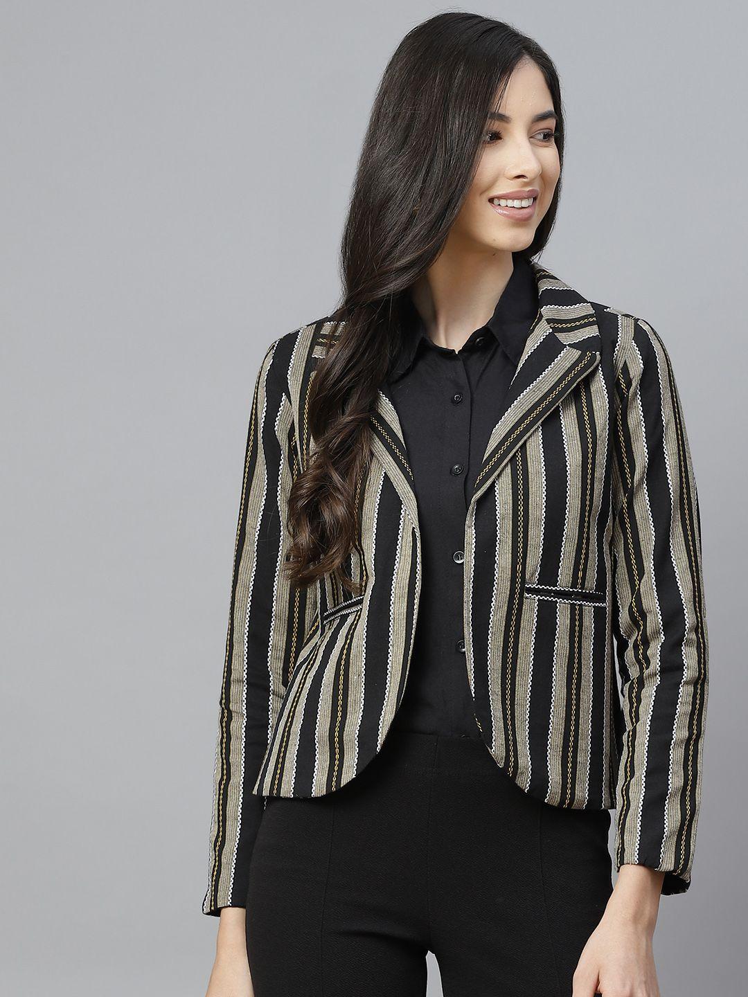 cottinfab black & beige striped single breasted regular fit blazer