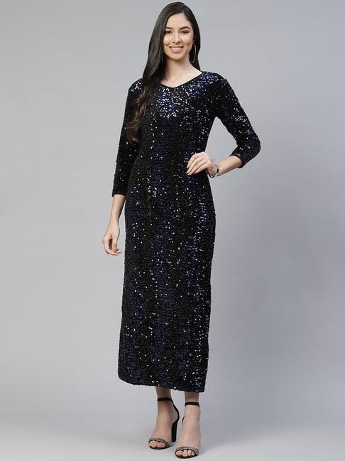 cottinfab black & blue embellished midi dress