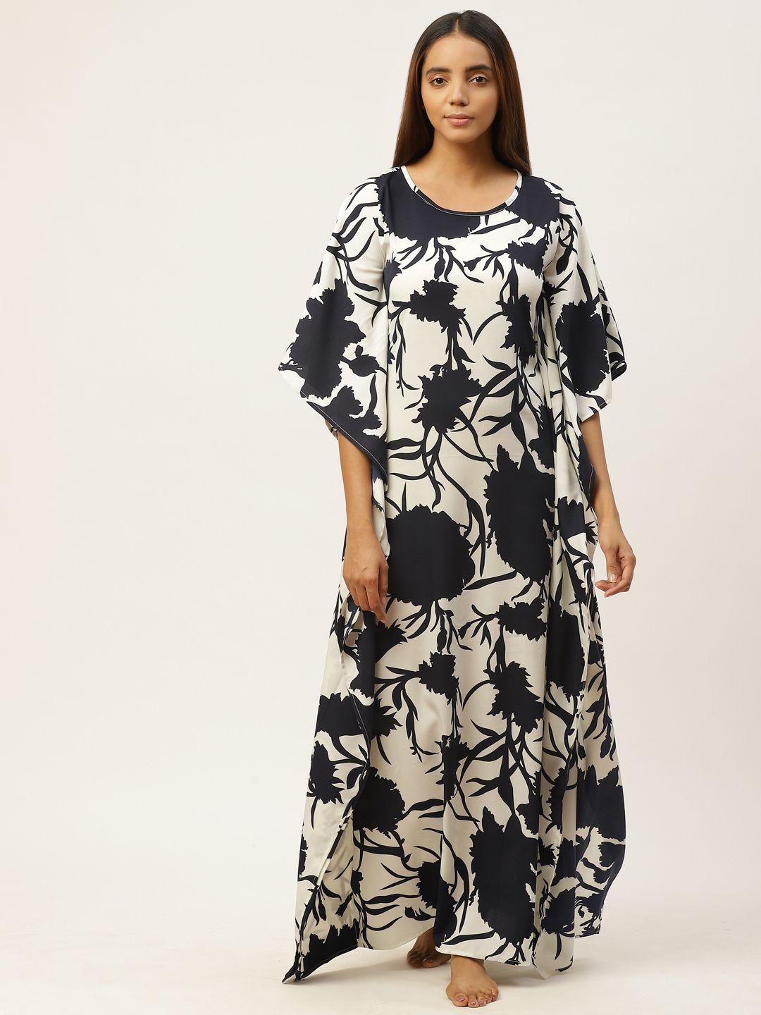 cottinfab black & off-white floral  print kaftan maxi nightdress