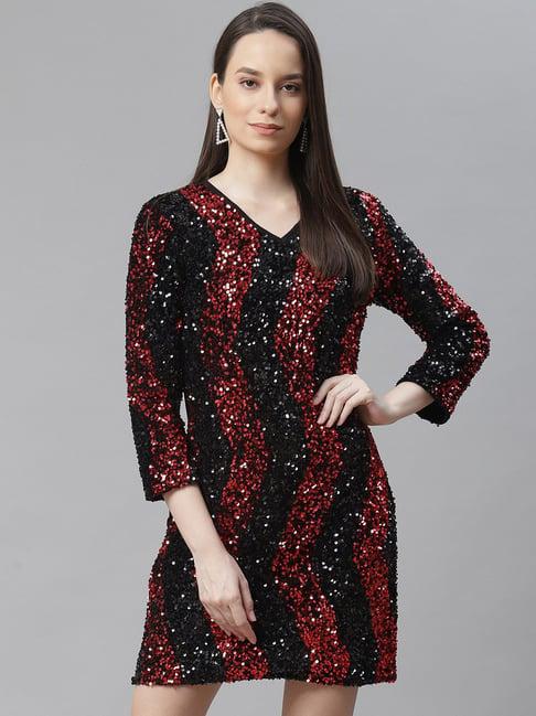 cottinfab black & red embellished print net dress