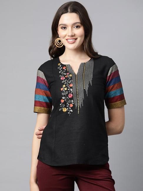 cottinfab black cotton embroidered top