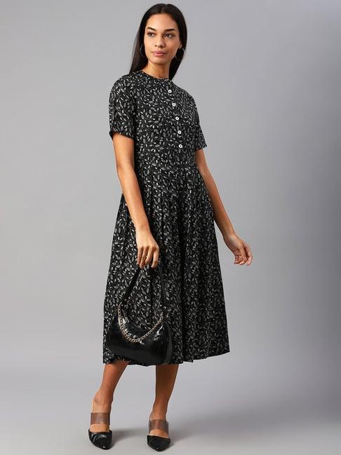 cottinfab black cotton printed fit & flare dress