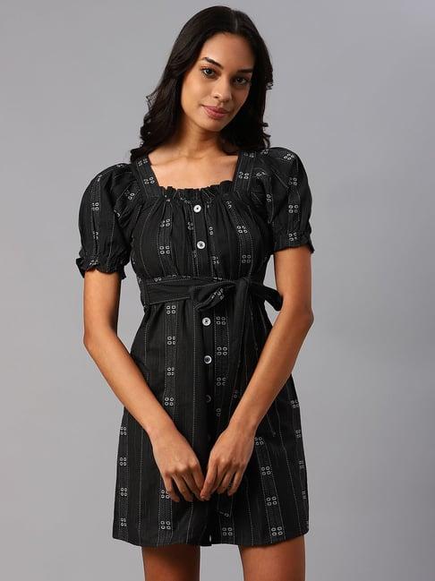 cottinfab black cotton printed puff sleeves shirt dress