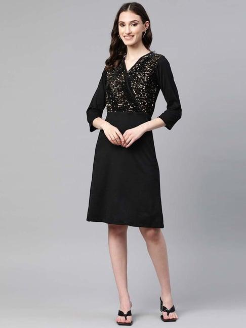 cottinfab black embellished a-line rayon dress