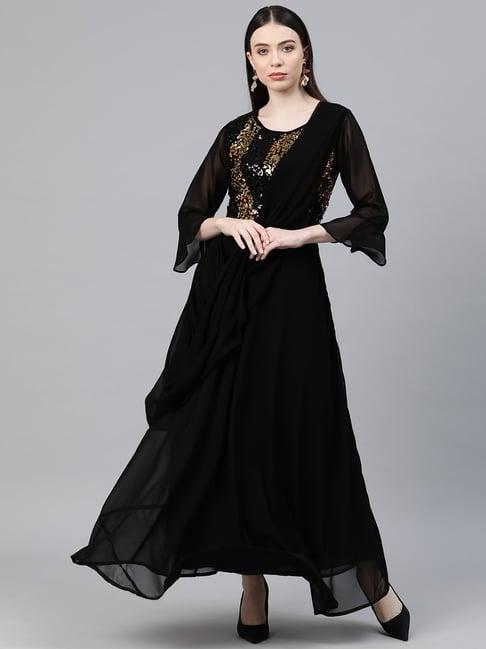 cottinfab black embellished maxi georgette dress