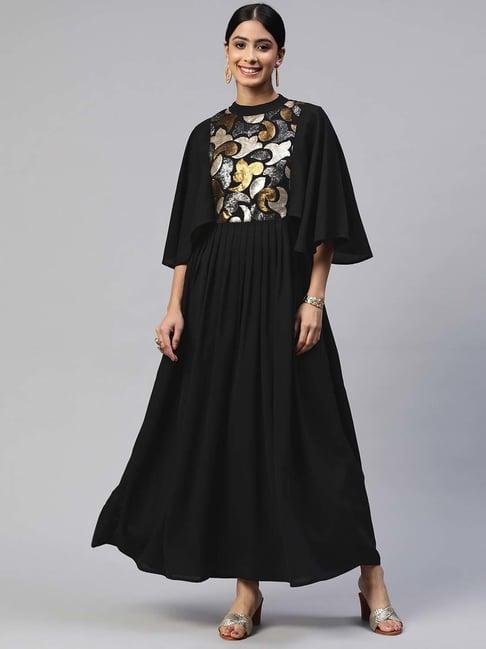 cottinfab black embellished maxi polyester dress