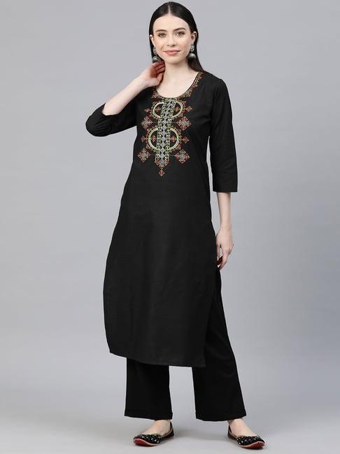 cottinfab black embroidered a line kurta