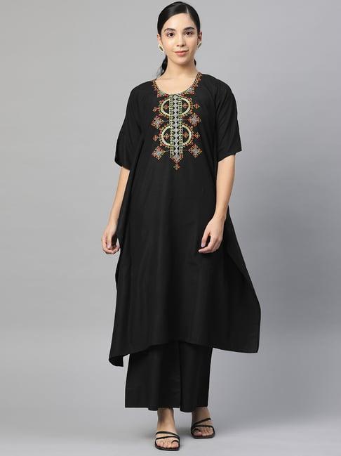 cottinfab black embroidered cotton kurta & palazzo set