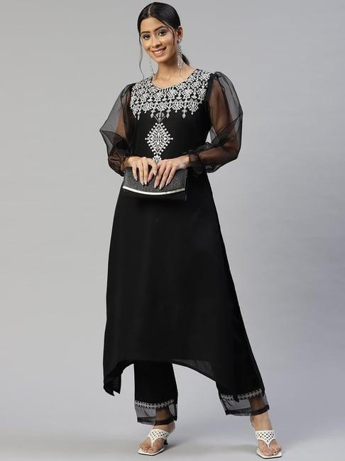 cottinfab black embroidered cotton kurta set