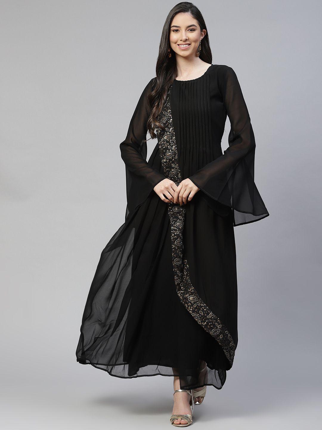 cottinfab black ethnic motifs sequined a-line maxi dress with bell sleeves