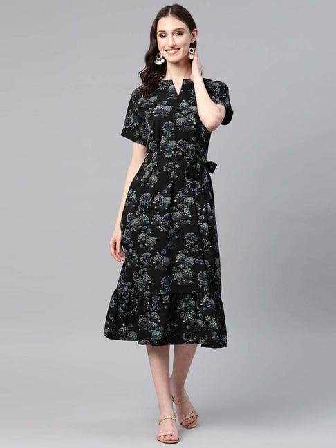 cottinfab black floral print a-line crepe dress