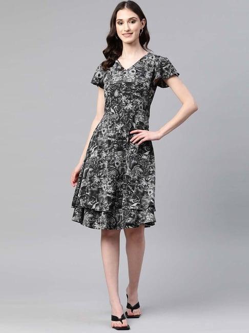 cottinfab black floral print a-line crepe dress