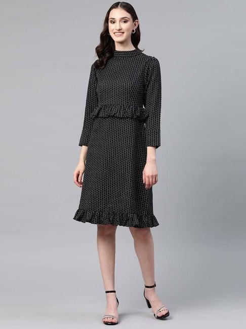 cottinfab black polka dots a-line crepe dress