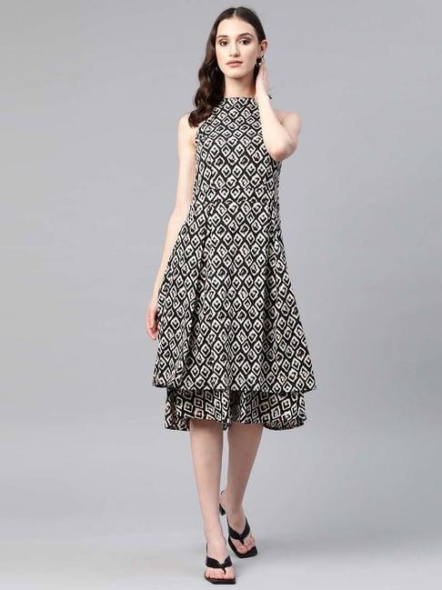 cottinfab black printed a-line crepe dress