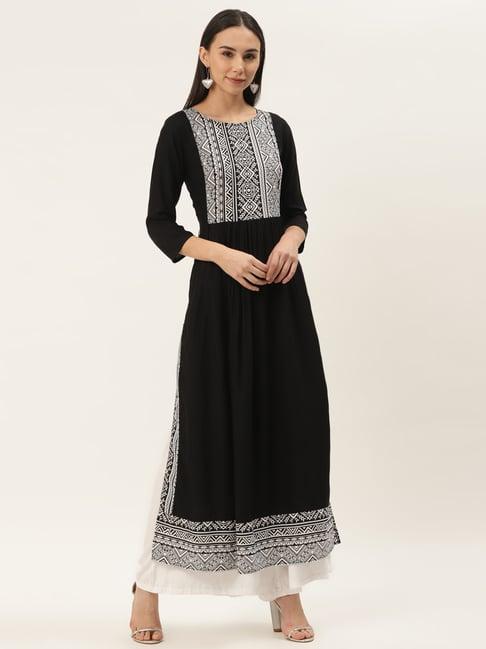 cottinfab black printed flared rayon kurta