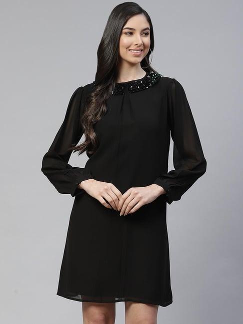 cottinfab black slim fit georgette dress