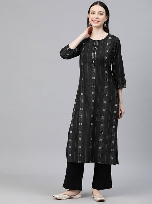 cottinfab black striped a line kurta