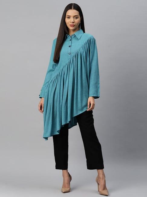 cottinfab blue & black rayon tunic pants set