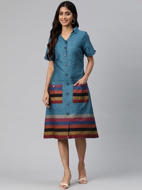 cottinfab blue cotton striped shirt dress