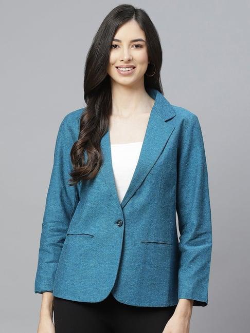 cottinfab blue cotton textured single breasted blazer