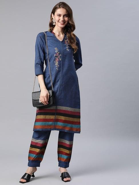 cottinfab blue embroidered cotton kurta with pants